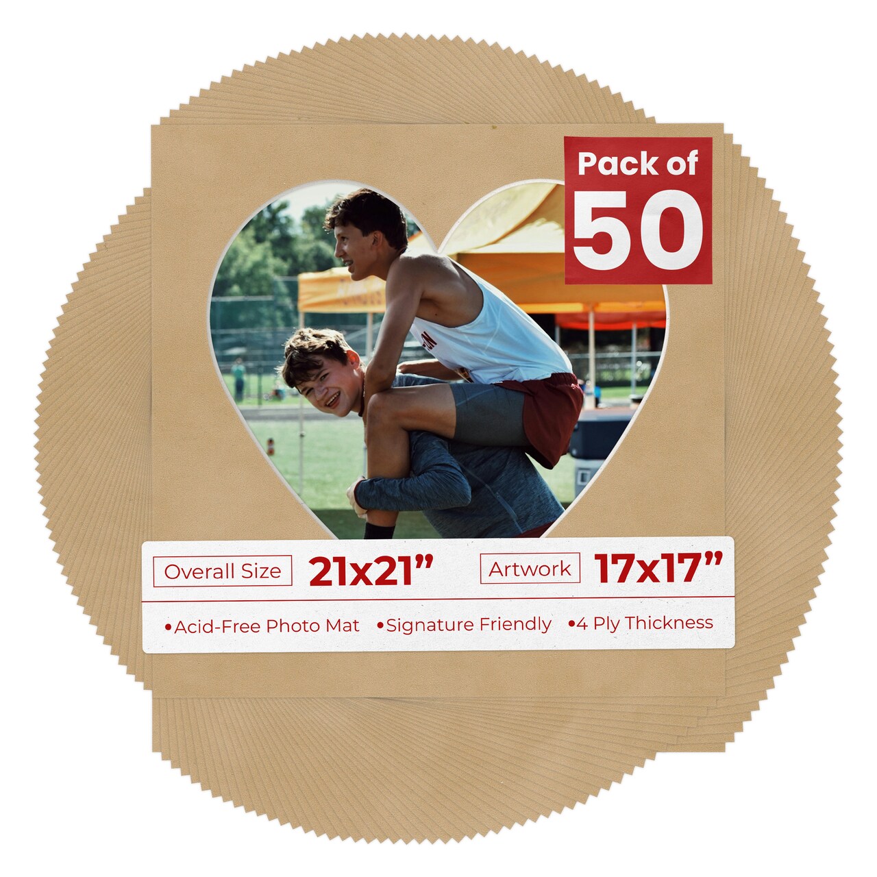 Beige Suede Mat Board for 21x21 Frames - Heart Opening for 17x17 Photos